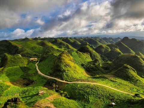 Scenic view of rolling green hills with a dirt road winding through them.