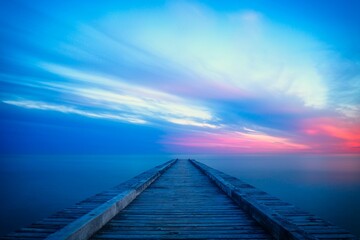 Obraz na płótnie Canvas Long wooden pier extends out into a tranquil body of water during the pink and blue sunset