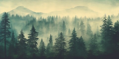 Misty landscape with fir forest in hipster vintage retro style. Generative AI