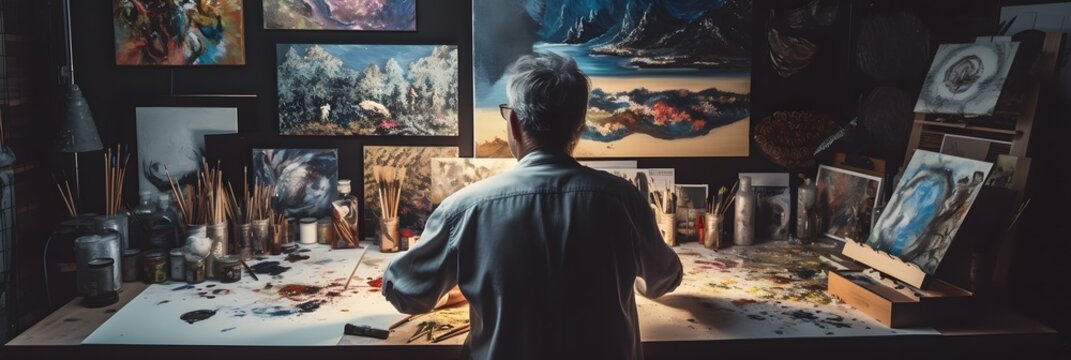 Back shot of a visual artist creating a masterpiece. Generative AI