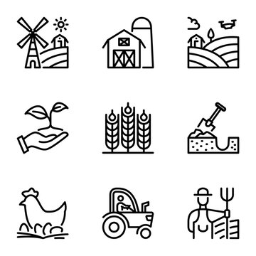 farm line icons set. warehouse, grow, land, eco, outline, machine, tool, growth, hat, graphic, windmill, grain, livestock, farmland, farming, harvest, hen, farmer, gardening, tractor