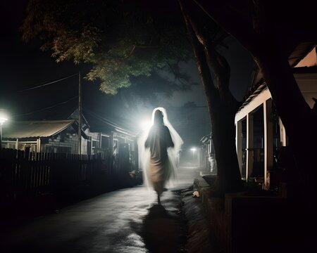 Back view of a ghostly pocong leaping through a village street. Generative AI