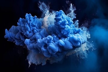 Enchanting and mystical scene of a blue and navy stardust explosion, blending fluidly with neon powder, set against a dark studio background. Trendy, modern colors Generative AI