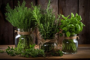 Fresh herbs. Melissa, rosemary and mint in rustic setting. Generative AI