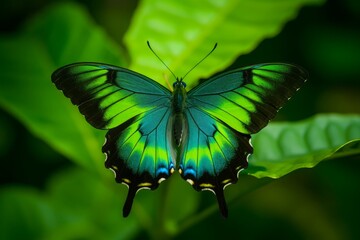 Fototapeta premium Emerald Swallow tail butterfly (or, green peacock) sitting on green leaf. Close up shot with wide aperture and zero post processing. Generative AI