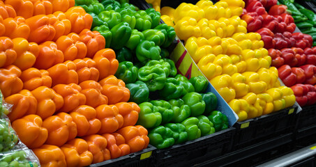Close-up of colorful bell peppers on the store counter. Fresh vegetables, organic agricultural products. Greengrocery.