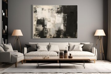 Abstract black and white painting on grey empty wall of contemporary living room interior. Generative AI
