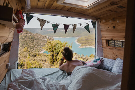 Woman in a campervan