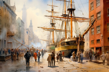 Watercolor of South Street Seaport in the early 1900s - Generative AI © James Nesterwitz