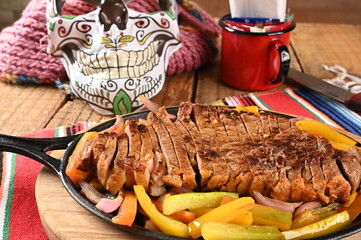 roasted meat with vegetables, barbecue with herb sauces, grilled steak