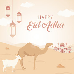 Vector Islamic Eid al Adha with goat and camel background