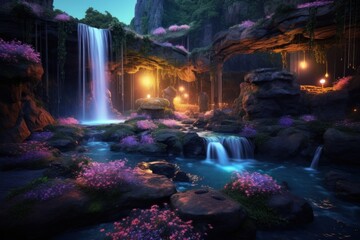 Glowing fireflies illuminating a hidden fairytale garden at dusk, with a majestic waterfall cascading down a vibrant flower covered cliff. Generative AI © Postproduction