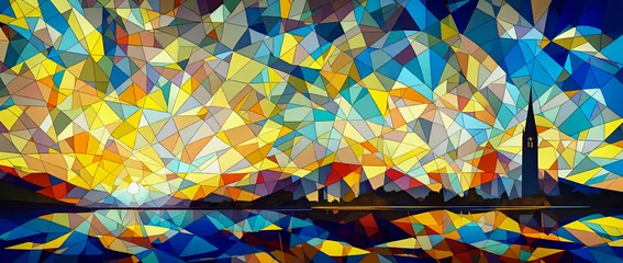 Photo sur Plexiglas Coloré Panorama of a stained glass image of a skyline landscape of a city with a building with a gabled roof near the river at sunrise in the morning. Generative AI, Generative, AI