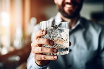 Person holding a glass of water and smiling, in the style of lifestyle photography. Generative AI