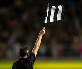 Soccer linesman's hands raising a flag to indicate an offside. Generative AI
