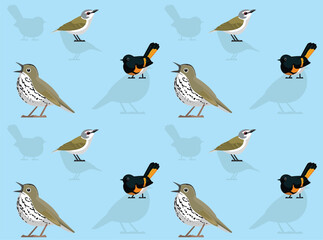 Bird Ovenbird Redstart Cute Cartoon Seamless Wallpaper Background
