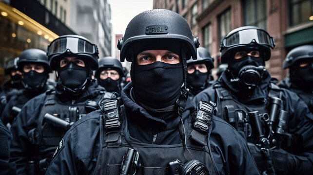 Police SWAT unit in a picture shot while on duty. GENERATE AI