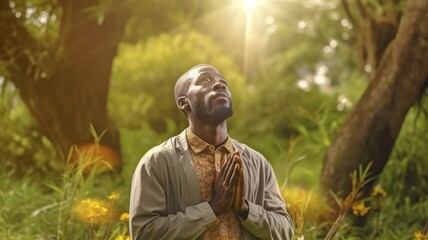 Naklejka na ściany i meble African guy offering thanksgiving while surrounded by greenery. GENERATE AI