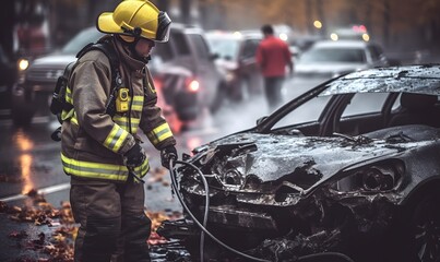 Fototapeta premium A firefighter rescuing a person from a car accident wreckage. Generative AI