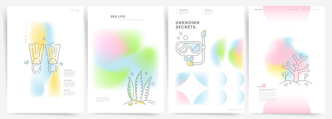 Abstract Gradient Ocean and Sea Design: Minimal Summer Layout for Beach Holiday Posters, Notebook Covers, Catalogs - Modern Vector Illustration in Pink, Blue, Green Gradients.