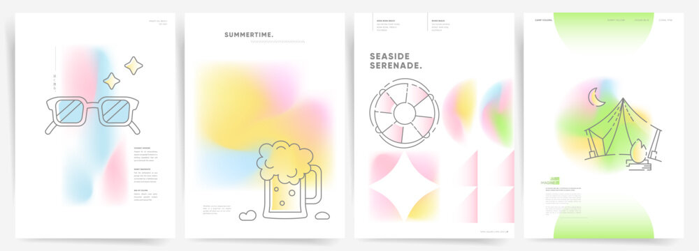 Summer Gradient Design Set. Minimalist Posters on Sea and Relaxation Themes. Active vacation, Camping, Beer party and beach summer time elements. © Takoyaki Shop