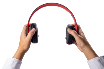 Close up Female Hand Holding headphone on white background, Red and black headphone on woman hand on white PNG File.