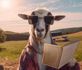 A goat wearing dark sunglasses, holding an empty sheet of paper. Generative AI