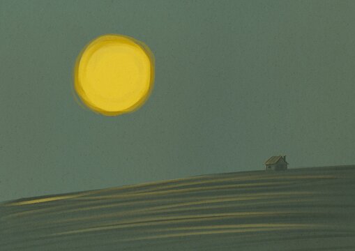 Sun over field and tiny house