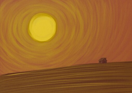 Sun over field and tiny house