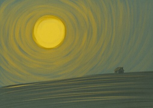 Sun over field and tiny house