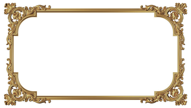 antique golden frame rectangle, PNG, cut out or isolated on white background