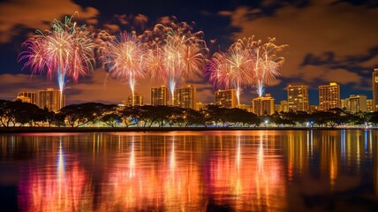 Obraz premium On July 4th, at Magic Island Park on the island of Oahu, fireworks fill the night sky over Honolulu during Hawaii's greatest fireworks show. GENERATE AI