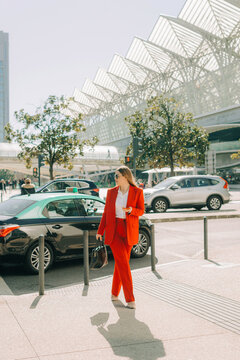 Woman in red in Lisbon downtown