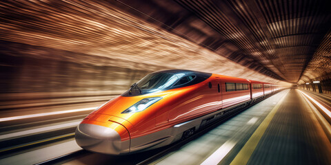 High speed train in motion at high speed. Motion blur abstract background. Generative AI