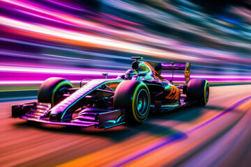 Generative AI  of a formula race car racing with motion blur background