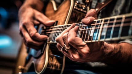 Fototapeta premium Guitarist hands playing acoustic guitar, close-up view. Generative AI