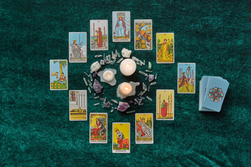 Tarot and magic crystals in a circle around candles.