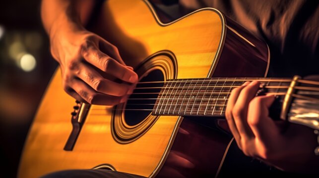 Man playing acoustic guitar, close-up, selective focus, shallow DOF. Generative AI