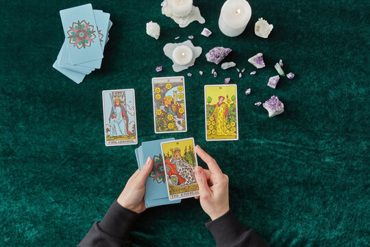 Tarot cards spread made by female medium.