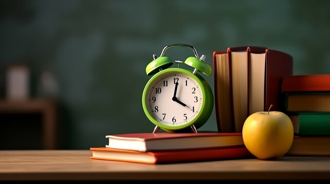 Back to school concept with alarm clock, books and bag, Generative Ai