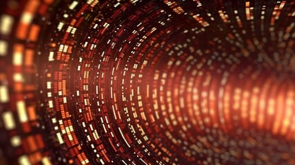 Obraz premium Binary code moving through a vortex in the backdrop with depth of field is a common technology background. lens flares against a background of binary code. rendering in 3D. GENERATE AI