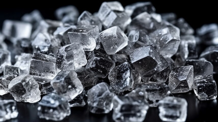 The heap of shiny natural ice cubes on a black background