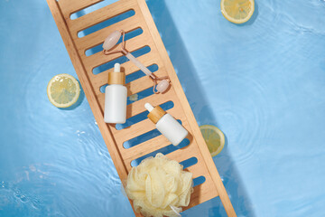 Natural cosmetic products on yellow background