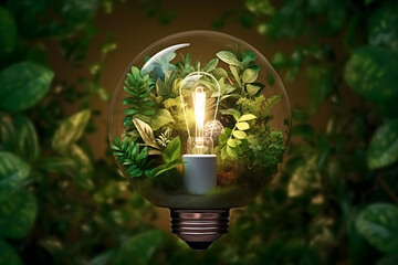renewable energy light bulb with green energy, Earth Day or environment protection Hands protect forests that grow on the ground and help save the world, solar panels	
