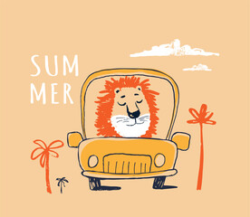 Lion on car funny cool summer t-shirt print design. Road trip on automobile. Slogan. Drive vacation safari animal - 612643453