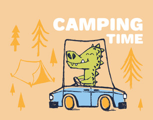 Crocodile camping car funny cool summer t-shirt print design. Road trip on auto. Camp vacation animal illustration