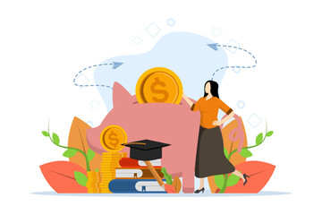 Time and business management. Study work, stock fund, self improvement. Investment in knowledge pays the best interest. Invest in yourself. businesswoman putting money in piggy bank. flat vector.