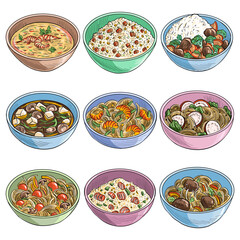 vector drawing bowls with rice, noodles and soups, plates of asian food isolated at white background, hand drawn illustration