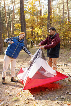 Setup tent friend tourist hiking equipment adventure shelter 