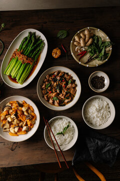 Beautiful spread of chinese dishes on table